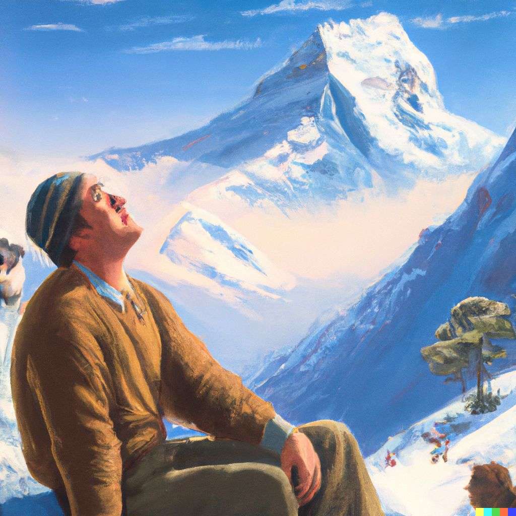 someone gazing at Mount Everest, painting by Gil Elvgren